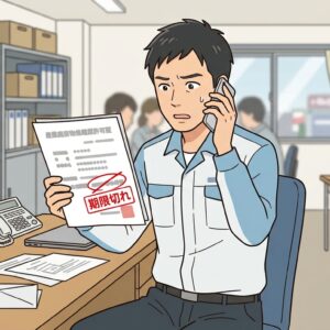 更新審査中に許可の有効期限を過ぎた許可証とカレンダーのイメージイラスト