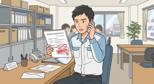 更新審査中に許可の有効期限を過ぎた許可証とカレンダーのイメージイラスト